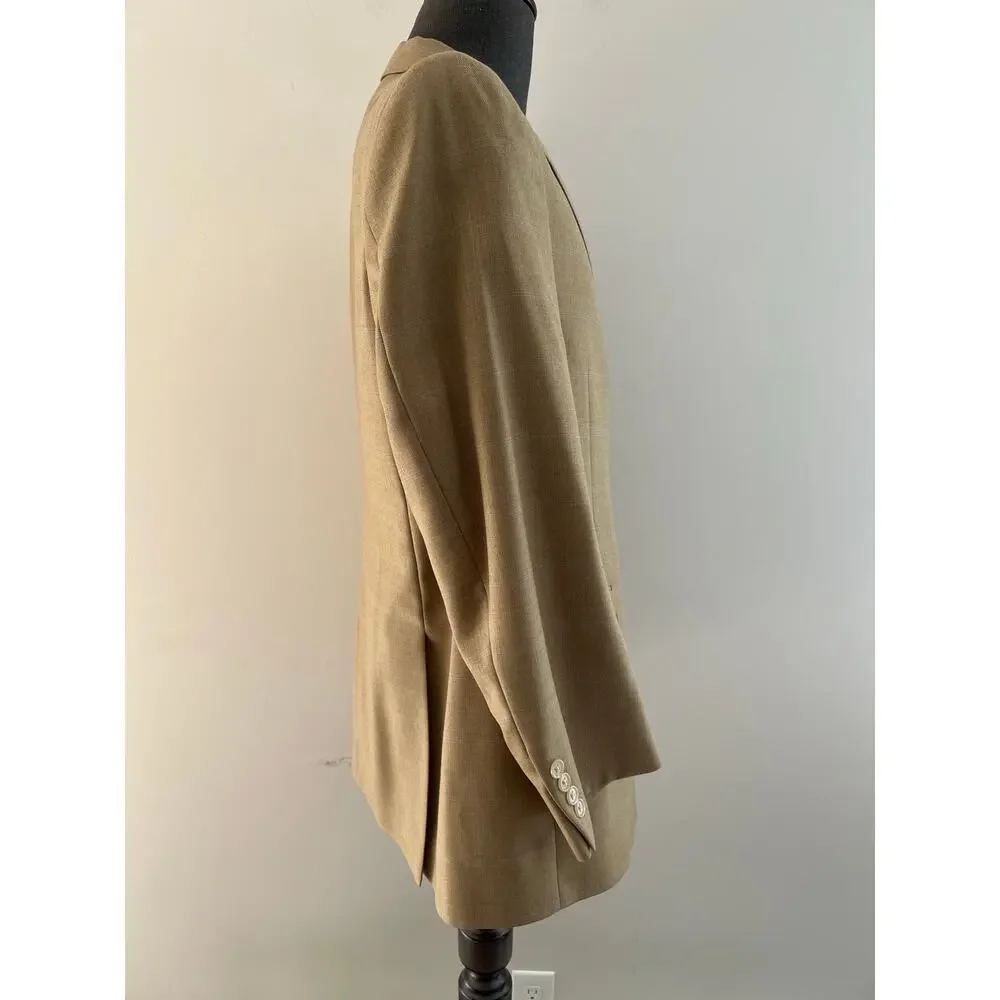 Hart Schaffner Marx 3 Button Suit Jacket Blazer Tan w Blue Windowpane 42S SG